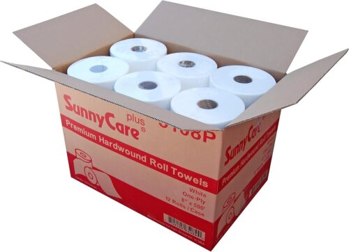 SUNNYCARE PREMIUM ROLL TOWEL, 1-PLY, 8" X 600 FT, WHITE, 12 ROLLS/CARTON