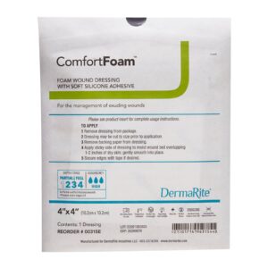 Foam Dressing ComfortFoam 4x4 Inch Without Border Film Backing Silicone Face Square Sterile