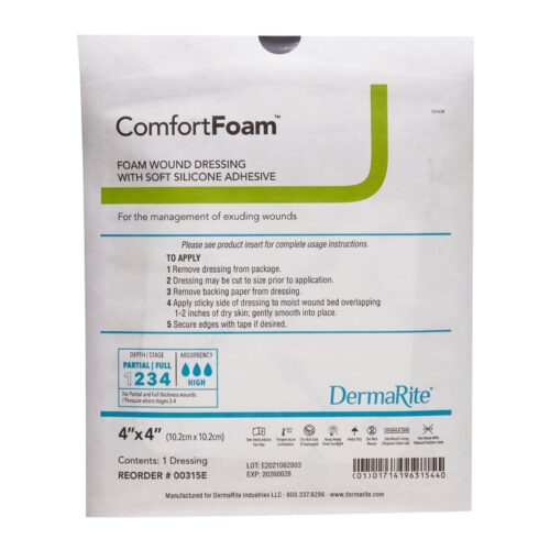 Foam Dressing ComfortFoam 4x4 Inch Without Border Film Backing Silicone Face Square Sterile